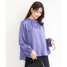 サテンフリルネックブラウス/接触冷感/UVカット/洗える