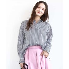ストライプ柄サッカーシャツブラウス/洗える