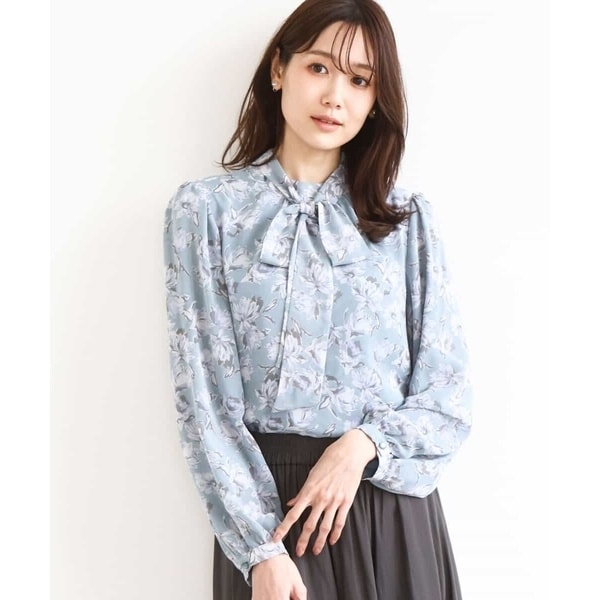 セットアップ可/洗える】ボウタイ付き花柄シフォンブラウス | MK