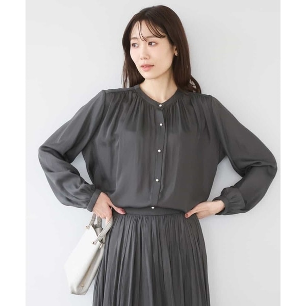 バンドカラーサテンブラウス/接触冷感/UVカット/洗える | MK