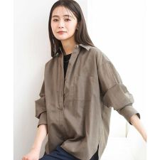 リネン混カラーシャツブラウス/接触冷感/洗える