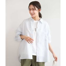 リネン混ストライプシャツブラウス/接触冷感/洗える