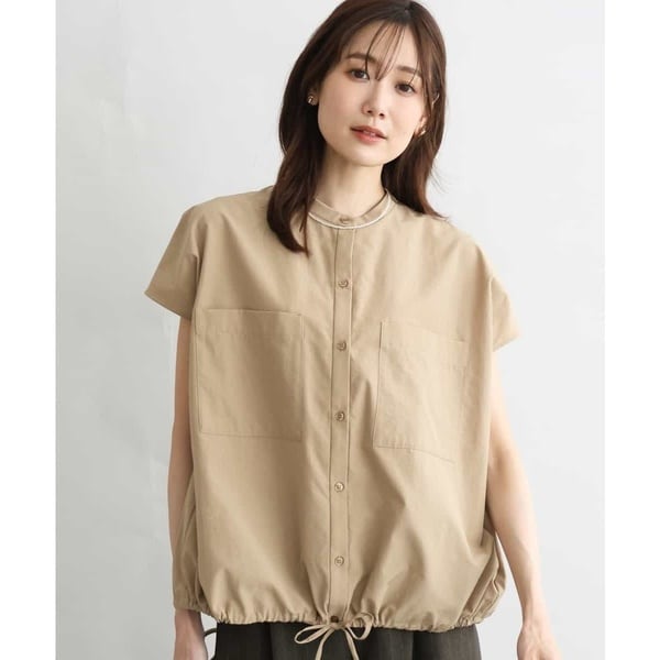 [接触冷感/洗える]ドロストデザインバンドカラーブラウス