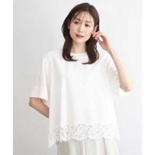 [UVカット/接触冷感/洗える]ストレッチ 裾レース半袖ブラウス