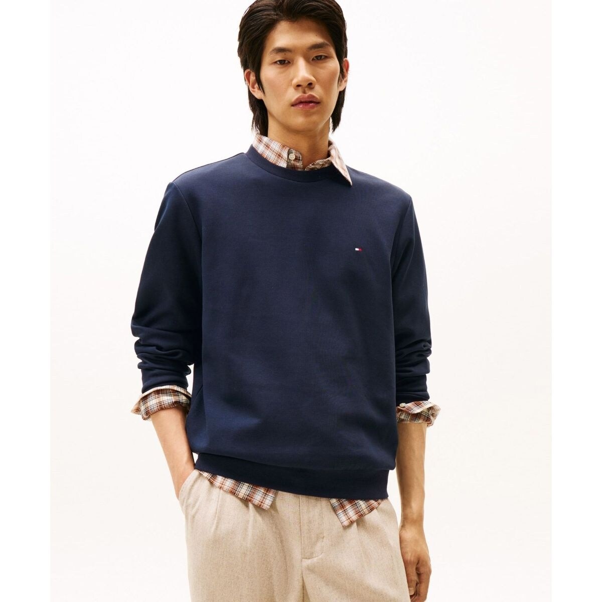 トミーヒルフィガー　ネイビー トレーナー オーガニックコットン コットンシルクブレンドクルーネックニット | トミー
