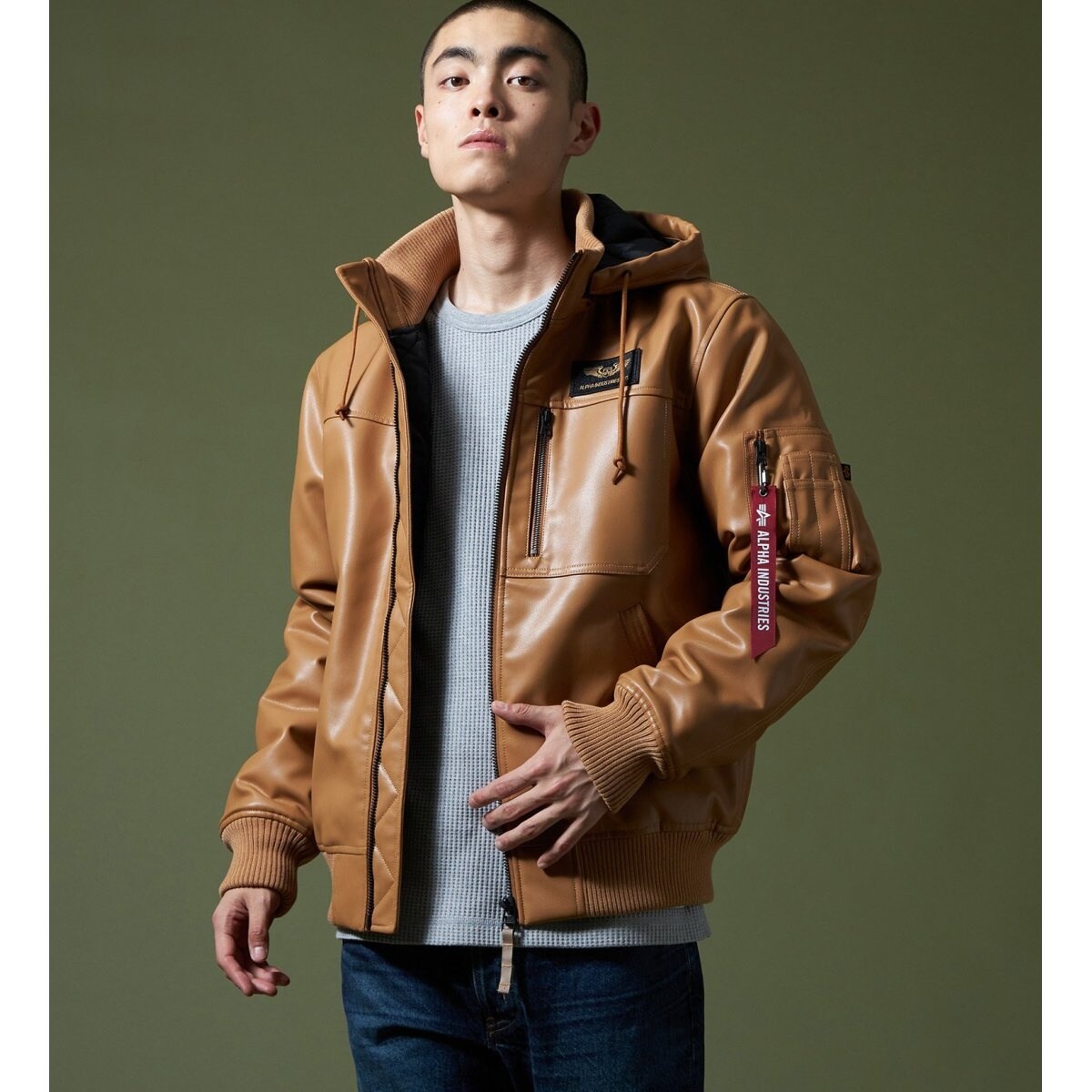 フェイクレザー フーデッドリブジャケット | アルファ