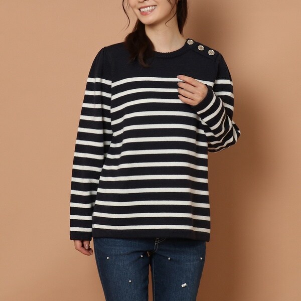 【新品】ローズティアラ ボーダークルーネックニットプルオーバー 大きいサイズ 新品】ローズティアラ ボーダークルーネックニットプルオーバー