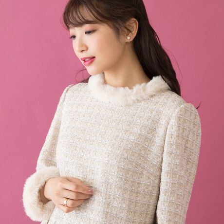 セットアップ対応】ファンシーツイードファー付きブラウス | ローズ  