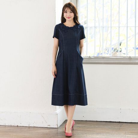 セットアップ対応】おとなデニムフラワーモチーフワンピース | ローズ  