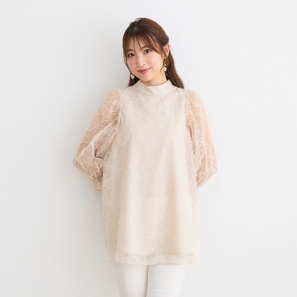 ローズティアラフロッキーフラワーバックリボンブラウス　ベージュ　42 新品タグ付 フロッキーフラワーバックリボンブラウス | ローズティアラ(Rose