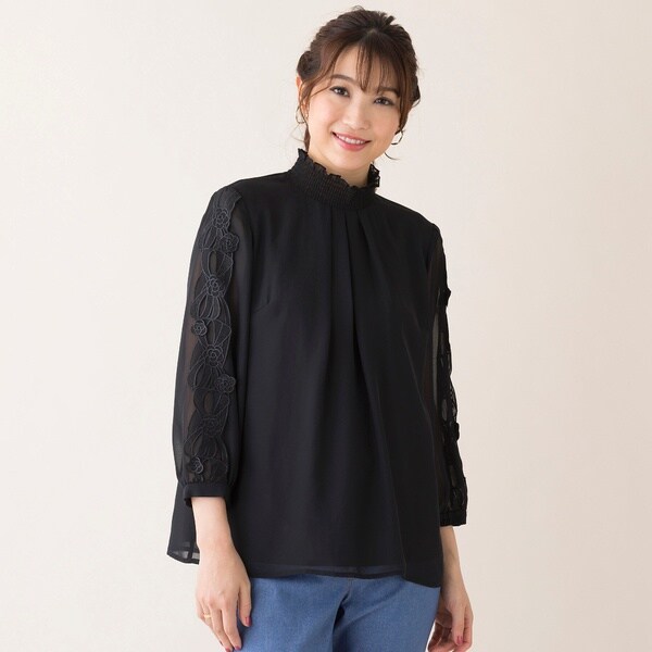 未使用 ローズティアラ 46 パールシアーブルブルゾン黒ブラック セール】 エアリーオーガンジーブラウス （シャツ・ブラウス