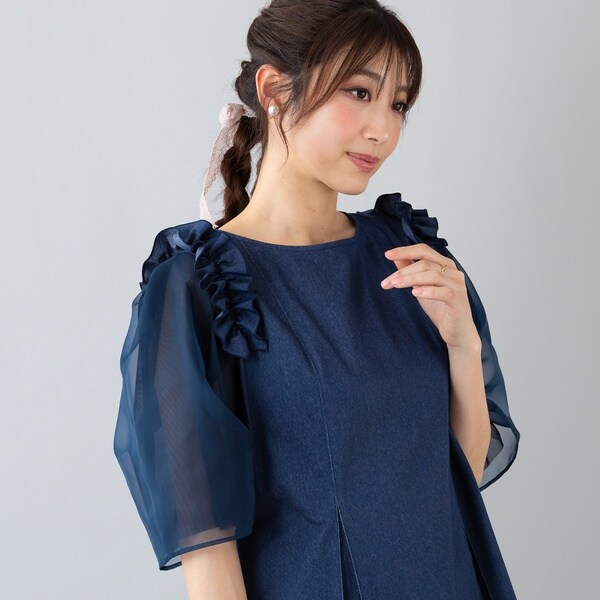 ローズティアラ　バックリボンフリルネックAラインブラウス　サイズ42 オーガニックコットンバックリボンブラウス | ローズティアラ