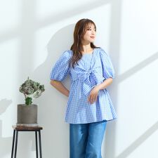 【コットン100％/手洗い可】ギンガムチェックリボンブラウス