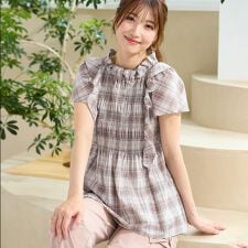 【手洗い可】チェックシャーリングブラウス