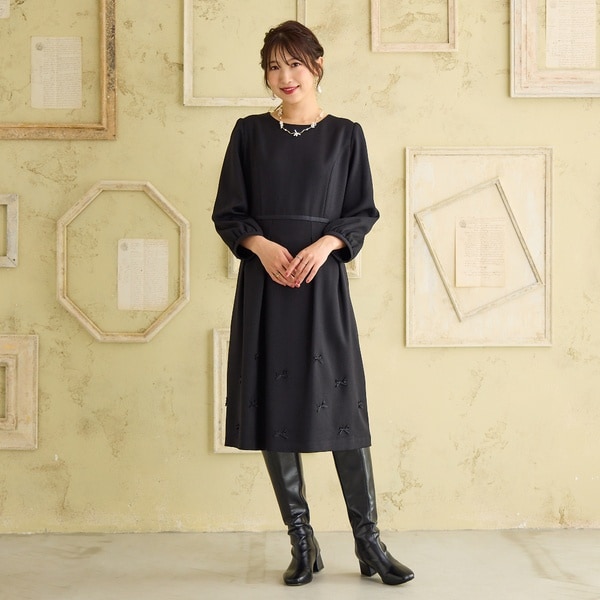 ☆Rose Tiara☆ブラックウエストリボンワンピース☆フォーマルにも☆美品☆ 伸縮性◎/イージーケア】配色リボンワンピース | ローズティアラ(Rose