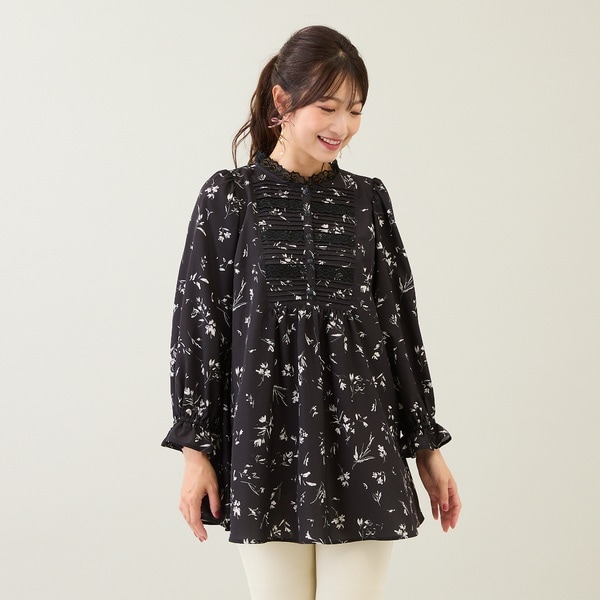 美品 大きいサイズ ローズティアラ ドット柄 リボン シフォンチュニック Rose Tiara #snc ローズティアラ チュニック 46 紺 大きいサイズ