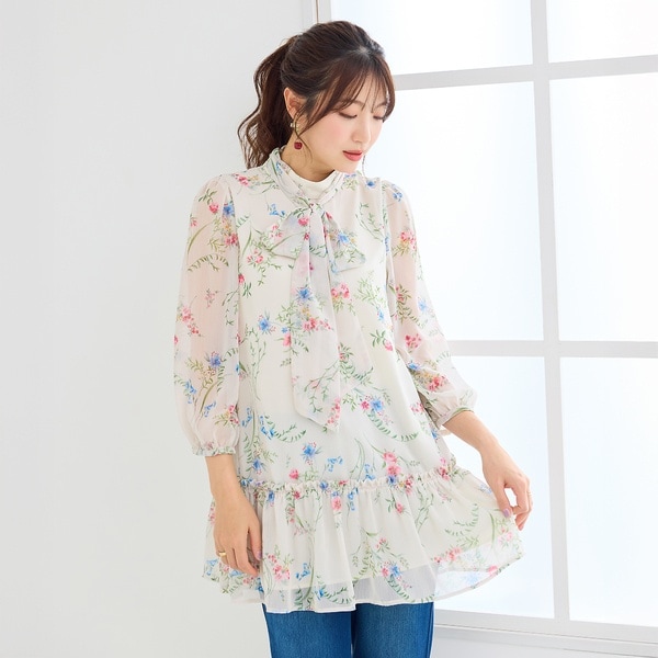 【ローズティアラ】美品 大きいサイズ 46ワンピース チュニック リボン ウール 伸縮性◎/イージーケア】配色リボンワンピース | ローズティアラ(Rose