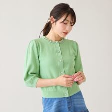 【綿100】鹿の子編みビジューカーディガン