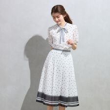 裾配色ボーダー ドットプリントフレアスカート