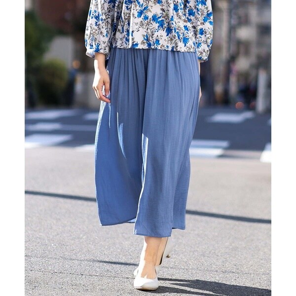 45R キュロットギャザーワイドパンツストライプインディゴサイズ