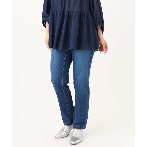 エウルキューブ] 大きいサイズ ワイドストレートデニムパンツ ネイビー