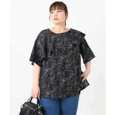 【大きいサイズ】フリルカラーフラワープリントブラウス