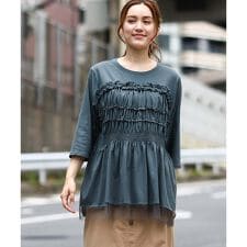 【大きいサイズ/LAVEANGE×eur3】シャーリング異素材ドッキングプルオーバー