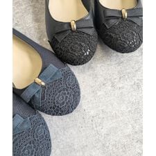 【日本製】レース×リボン 上品ローヒール パンプス