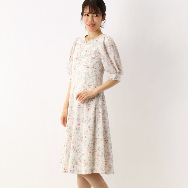 小花プリント胸袖ギャザーワンピース