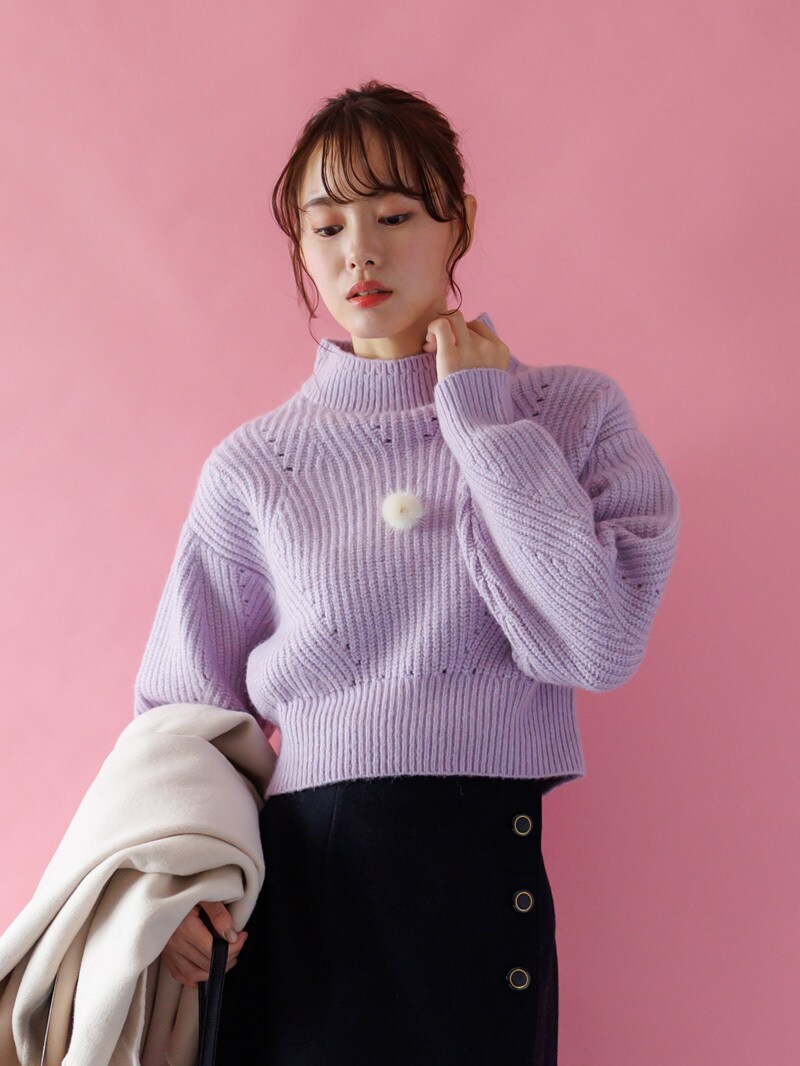 ミンクライクファーパール釦付きリブハイネックニット／カールパーク