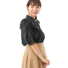 【洗える/速乾】幾何学柄プリントギャザーブラウス