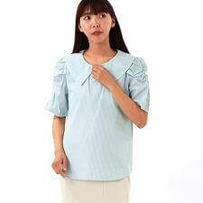 【洗える・接触冷感】ｽﾄﾗｲﾌﾟﾋﾞｯｸ衿・袖ギャザーブラウス