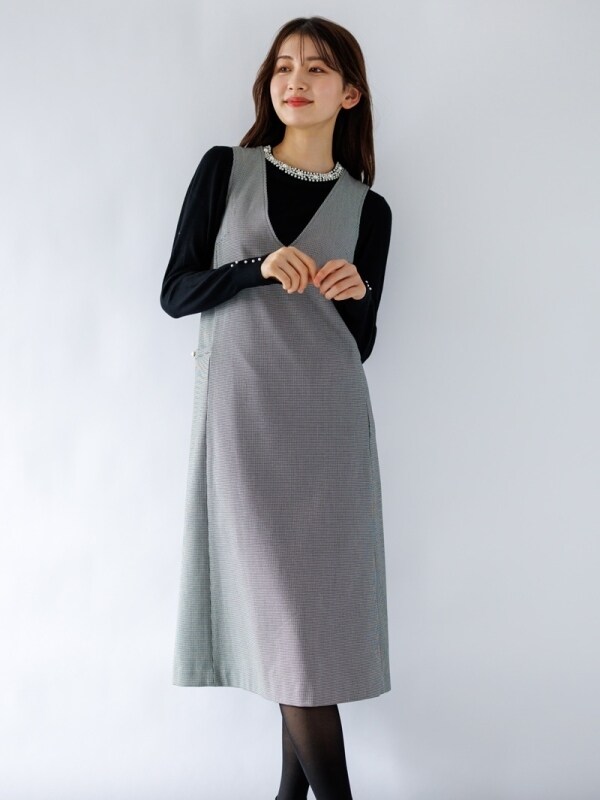 【新品】 LEJAパールネックパフスリーブボレロ格子レースワンピースドレス Leja（レジャ）の「【LEJA】パールネックパフスリーブボレロ格子