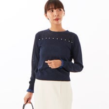 【サマーニット】胸元透かし柄パール付丸首ニット