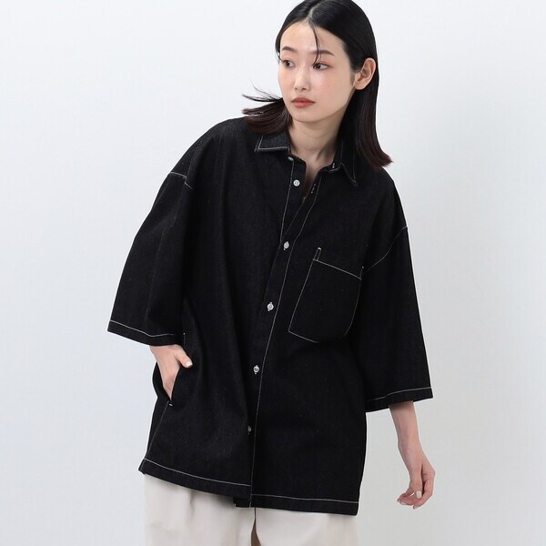 配色ステッチ ブラックデニム 半袖シャツ | パープル＆イエロー