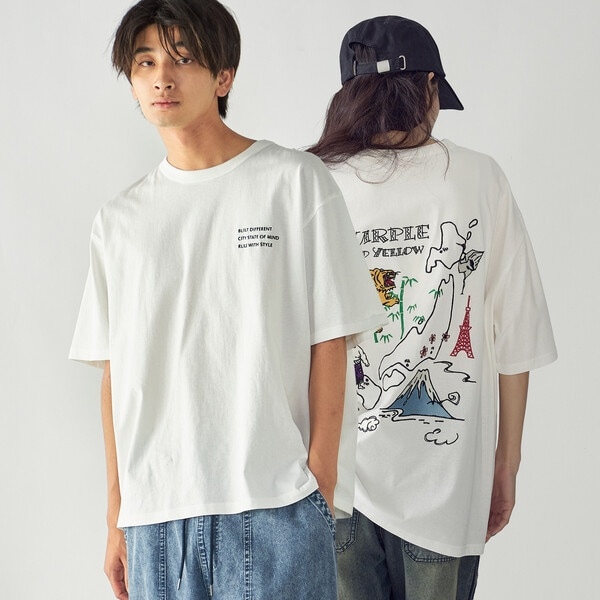 スーベニア刺繍 半袖Tシャツ | パープル＆イエロー(Purple & Yellow
