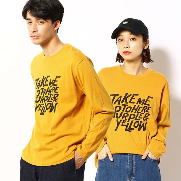 メッセージプリント 長袖 クルーネックＴシャツ | パープル＆イエロー