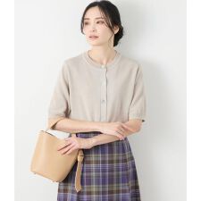 リネンライクワッフル クルーネック5分袖カーディガン