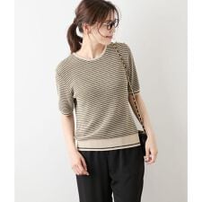 ラメミジンボーダー 5分袖クルーネックプルオーバー