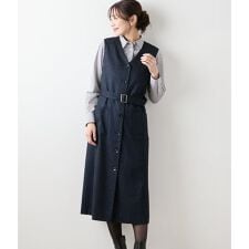 【ストレッチ】デニム調メランジストライプ Vネックジャンパースカート