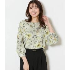 ルミナスフラワープリント 8分袖シャーリングブラウス