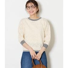 【手洗い可能】クロッシェ編み透かし柄 7分袖プルオーバー