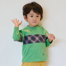 恐竜と街チェック切替長袖Tシャツ