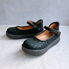 厚底 編み込み スクエアトゥ ストラップパンプス