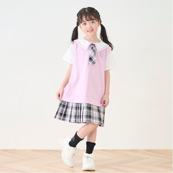 セーラーカラー チェックプリーツ ドッキングワンピース