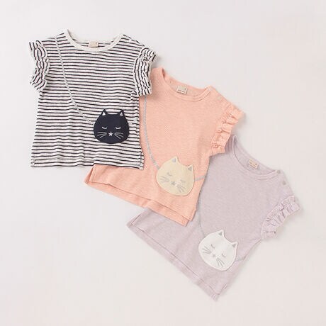 接触冷感】猫ポシェットフリル袖Tシャツ | プティマイン(petit main 