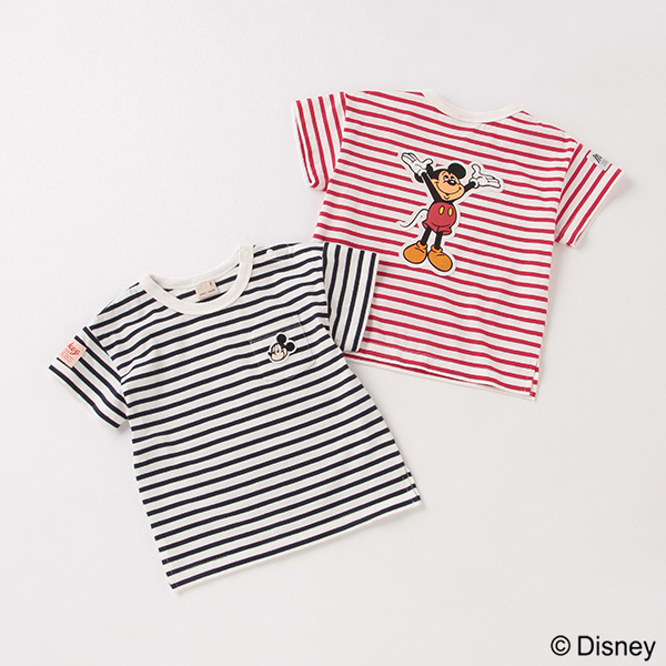 DISNEY】後ろミッキーマウスデザイン ボーダーTシャツ | プティマイン