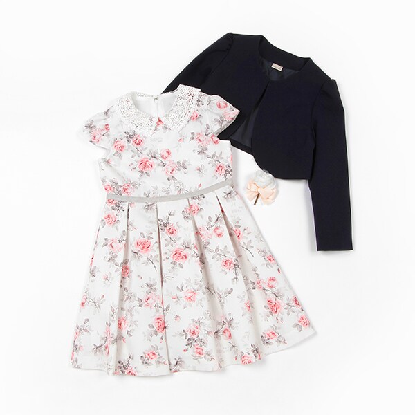 petit main レース衿花柄OP+JK+シューズ17センチ レース衿花柄OP+JKセット(110cm ECRU(キナリ)): キッズ