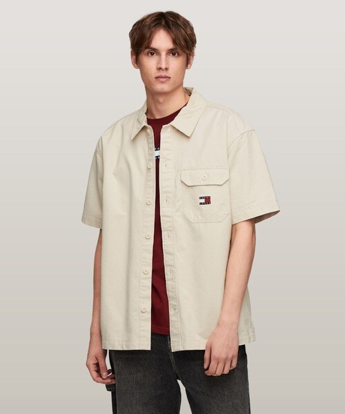  JEANSトミージーンズ デニムMIXオーバーシャツ 素材切替え Ｌ tommy jeans（トミー ジーンズ）の「オーバーサイズデニムシャ
