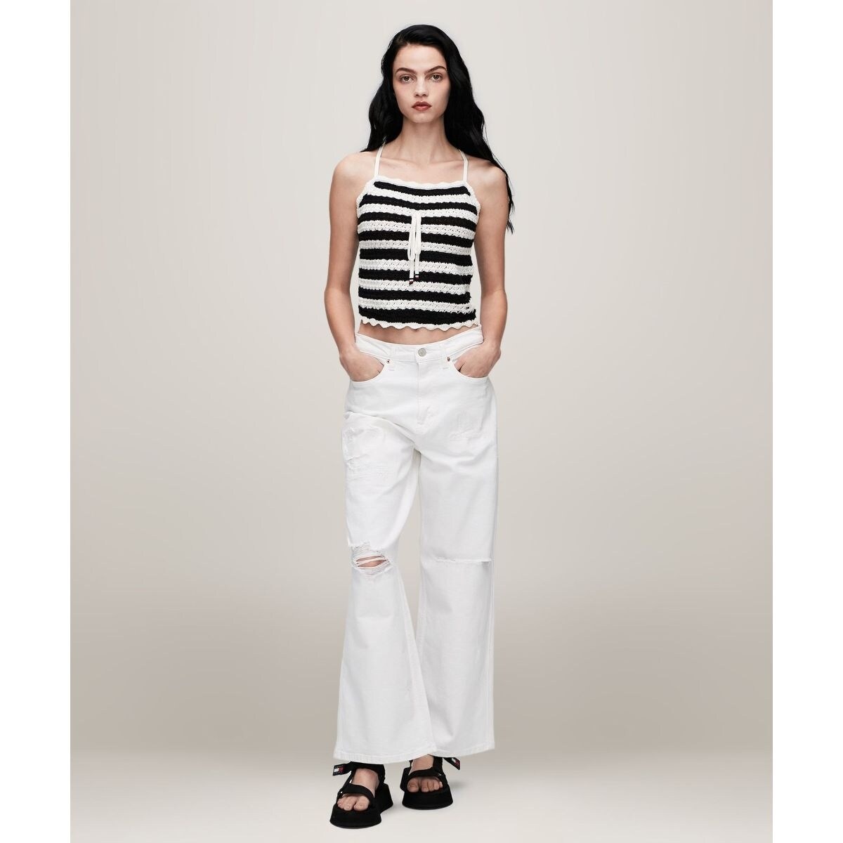 トミージーンズ  JEANS TJW CROCHET STRIPE TOP （ブラック） TJW CROCHET STRIPE TOP | トミー ジーンズ(TOMMY JEANS